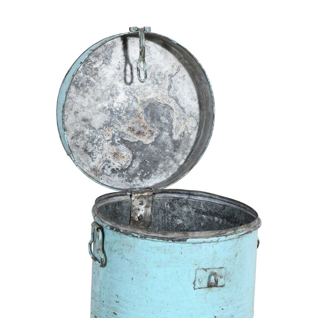 Antique Turquoise Blue Indian Iron Rice Storage Container - Vintage Grain Cannister