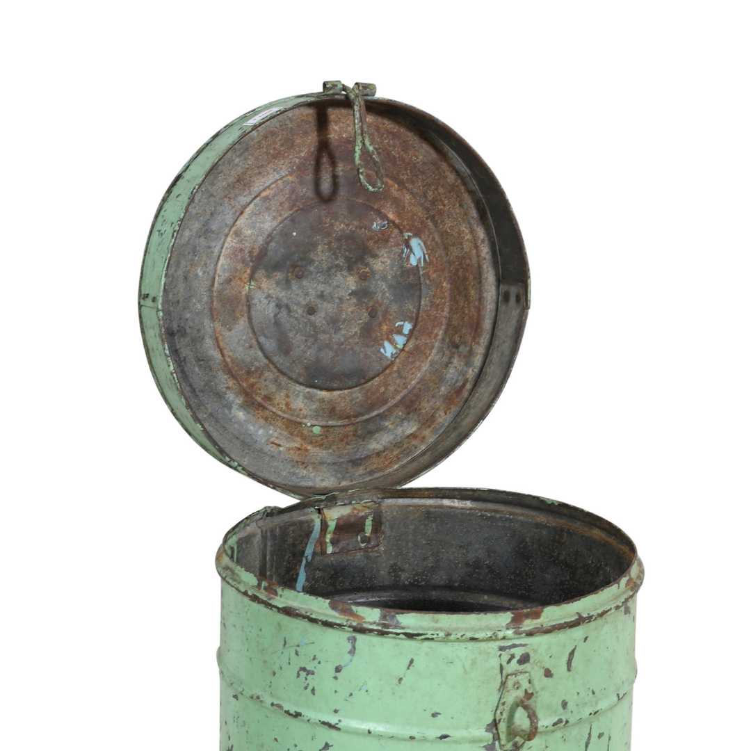 Antique Mint Green Indian Iron Rice Storage Container – Vintage Metal Cannister
