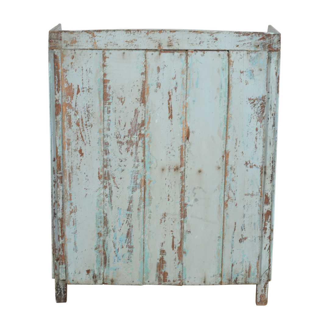 Antique Distressed Powder Blue Teak Glass Almirah – 1900s Indian Cabinet