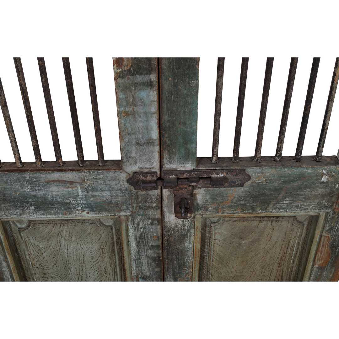 Antique Verdigris & Teal Patina Indian Teak Jali Door Garden Gate Pair – Gujarat, 19th Century