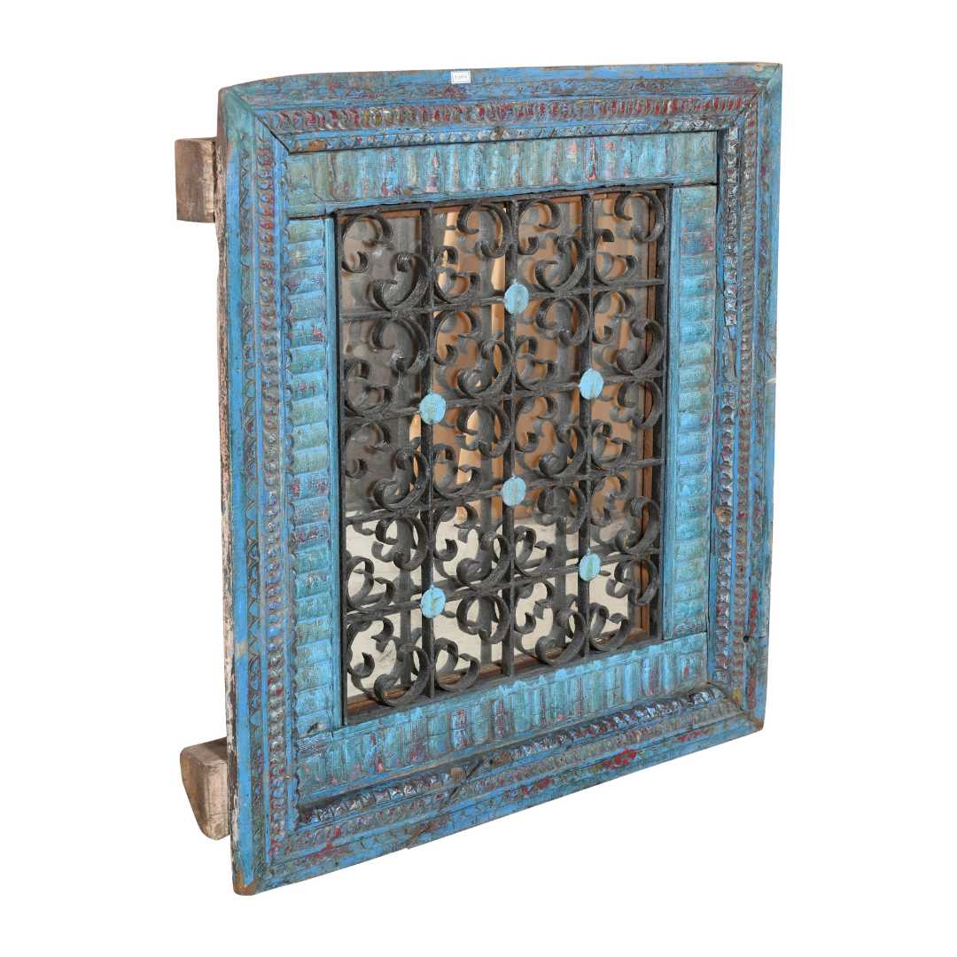 Antique Azure Blue Indian Teak Wood & Iron Jali Window Mirror