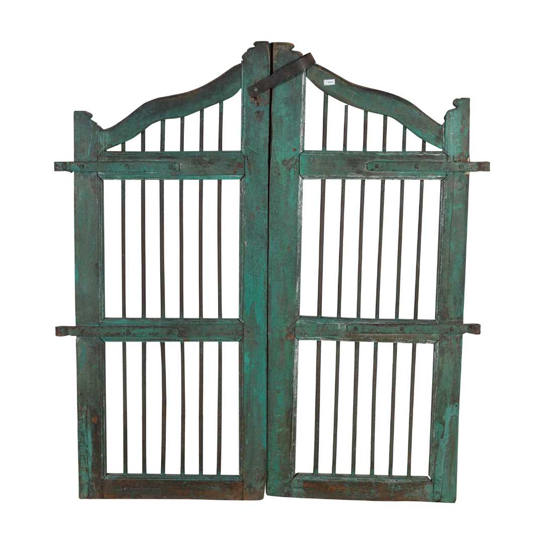 Antique Verdigris Teal & Rustic Brown Indian Teak Dog Gates Garden Gate Pair (c.1880–1900)