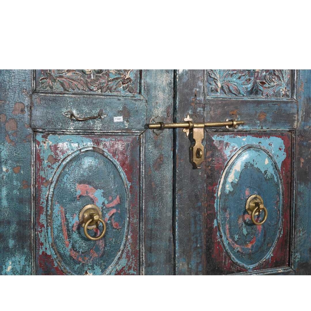 Antique Turquoise & Rustic Teak Indian Doors – 1880s Gujarat Pair
