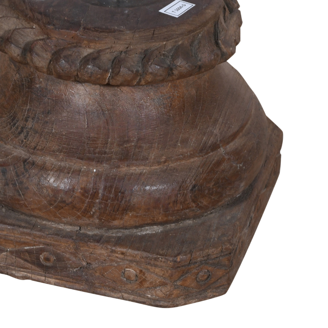 Rich Brown Antique Indian Teak Wood Carved Pillar Base Candle Holder – 19th Century Architectural Salvage
