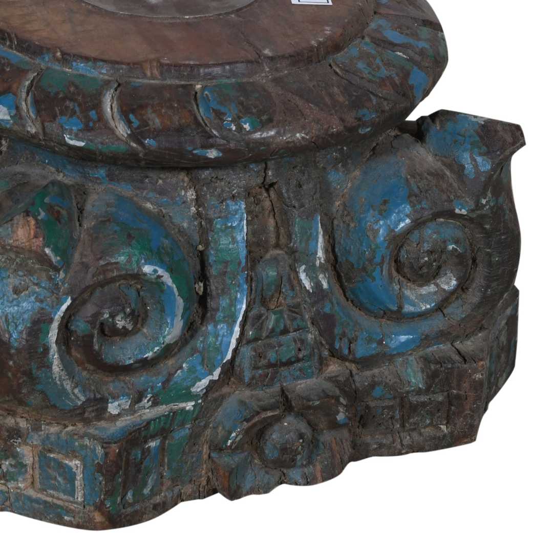 Antique Teal Blue & Brown Indian Teak Carved Pillar Base Candle Holder – 19th Century