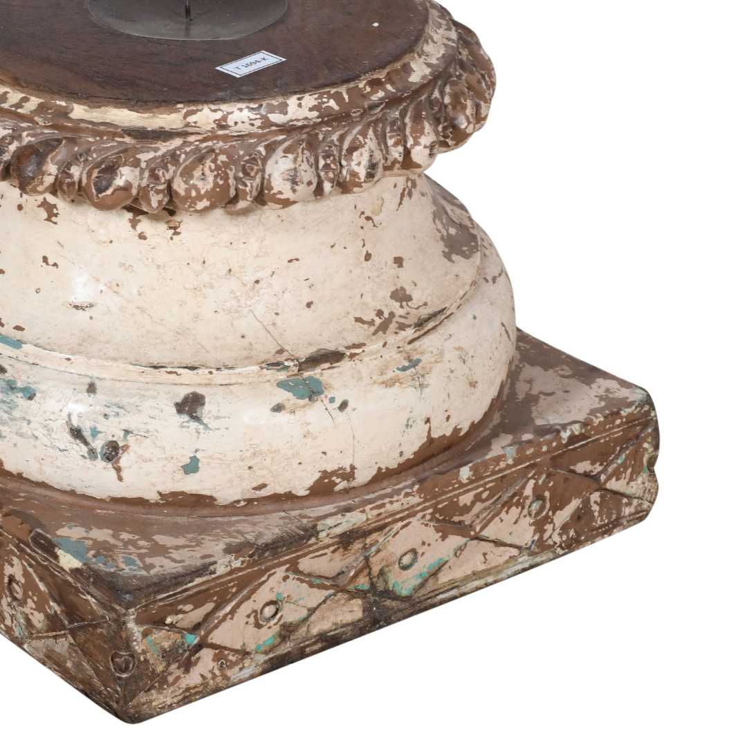 Antique Cream & Brown Indian Teak Carved Pillar Base Candle Holder – 19th Century