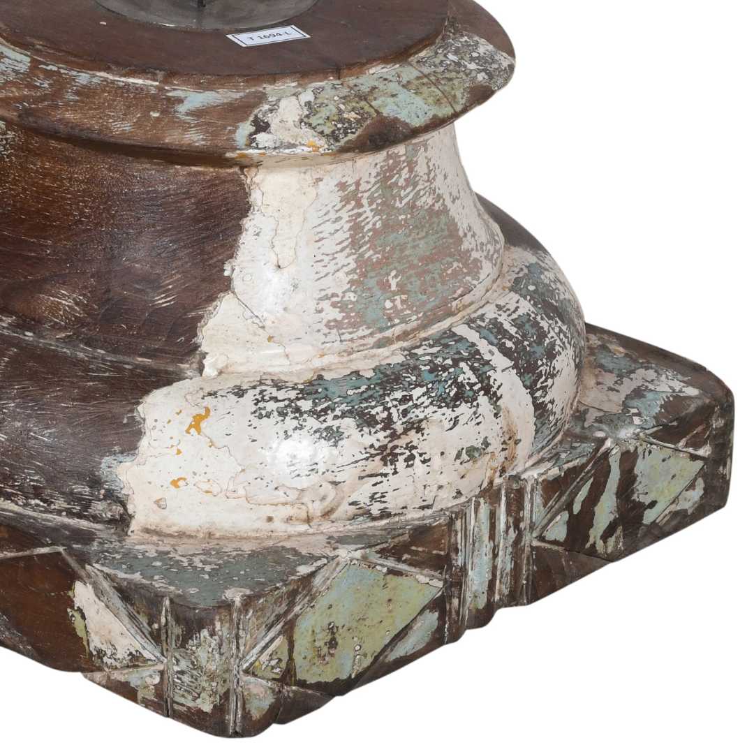 Antique Teak Pillar Base Candle Holder – Distressed Cream, Sage & Walnut Brown