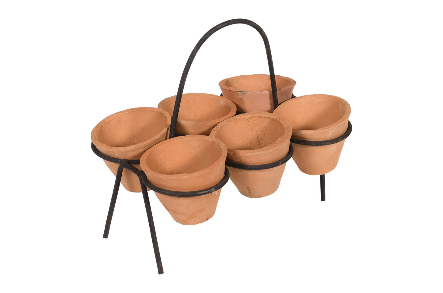 Vintage Indian Hand Thrown Terracotta Set of 6 Plant Pots With Iron Carry Display Stand