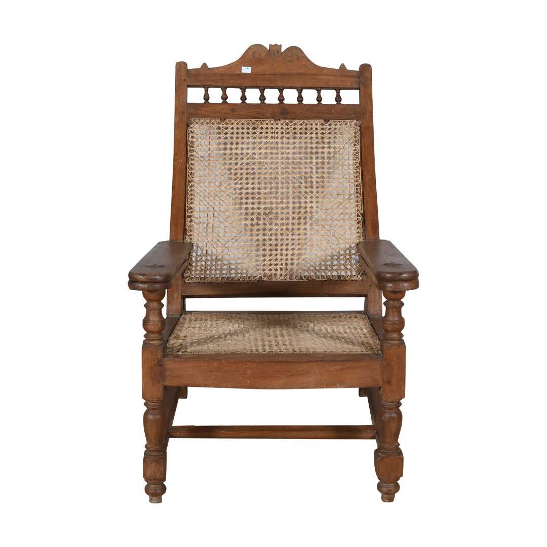 Antique Teak & Natural Cane Indian Plantation Veranda Chair – c.1920