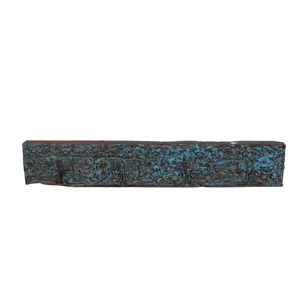 Antique Teal Carved Indian Teak Coat Hook Panel – 19th Century Rajasthan