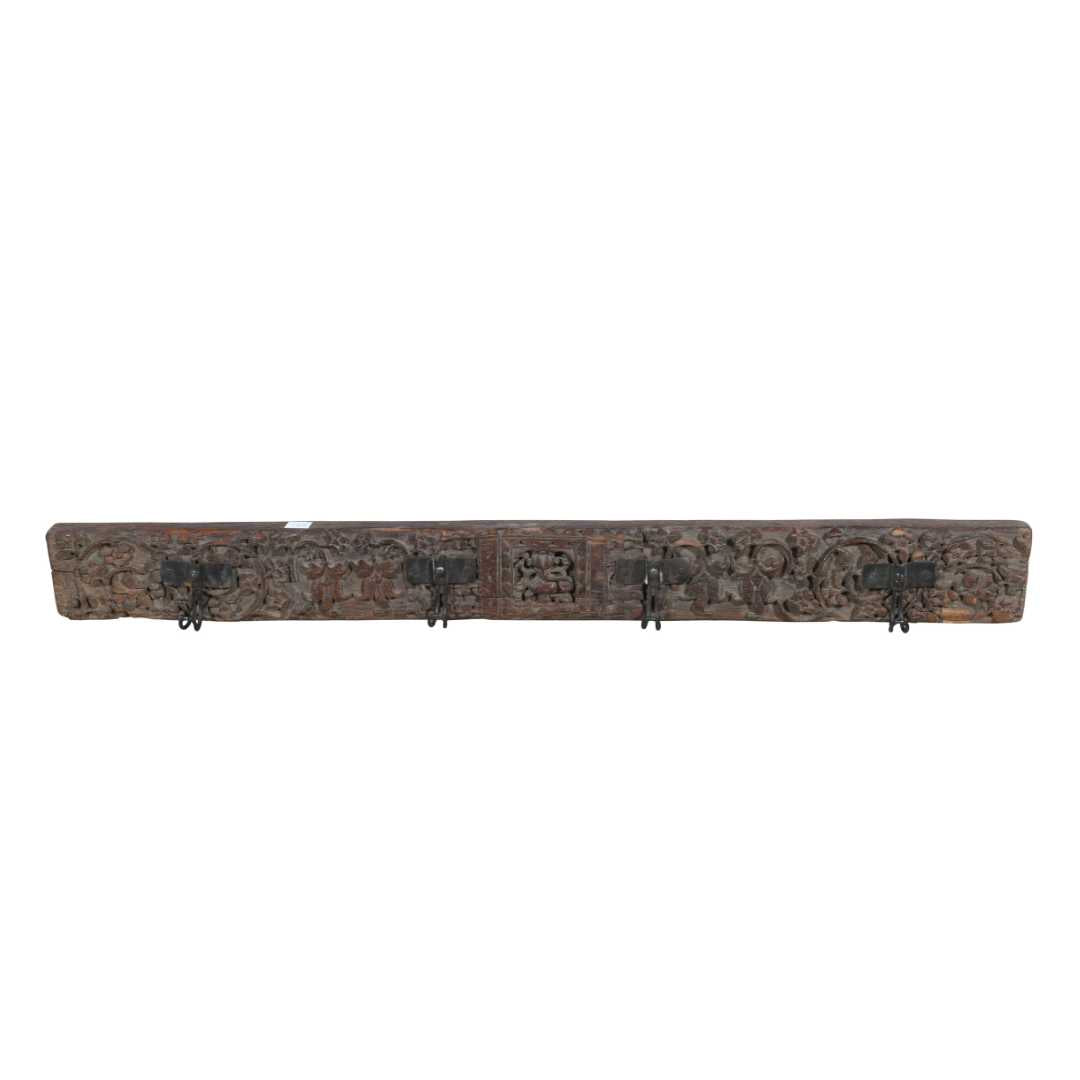 Antique Deep Umber Teak Carved Coat Hook Panel with Black Iron Hooks – Indian Vintage Floral (105cm)