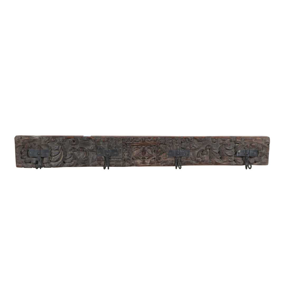 Antique Charcoal Walnut Teak Carved Coat Hook Panel with Black Iron Hooks – Indian Vintage (121cm)