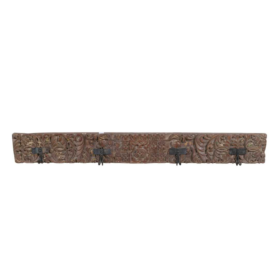 Antique Gilded Chestnut Teak Carved Coat Hook Panel with Black Iron Hooks – Indian Vintage Scrollwork (125cm)