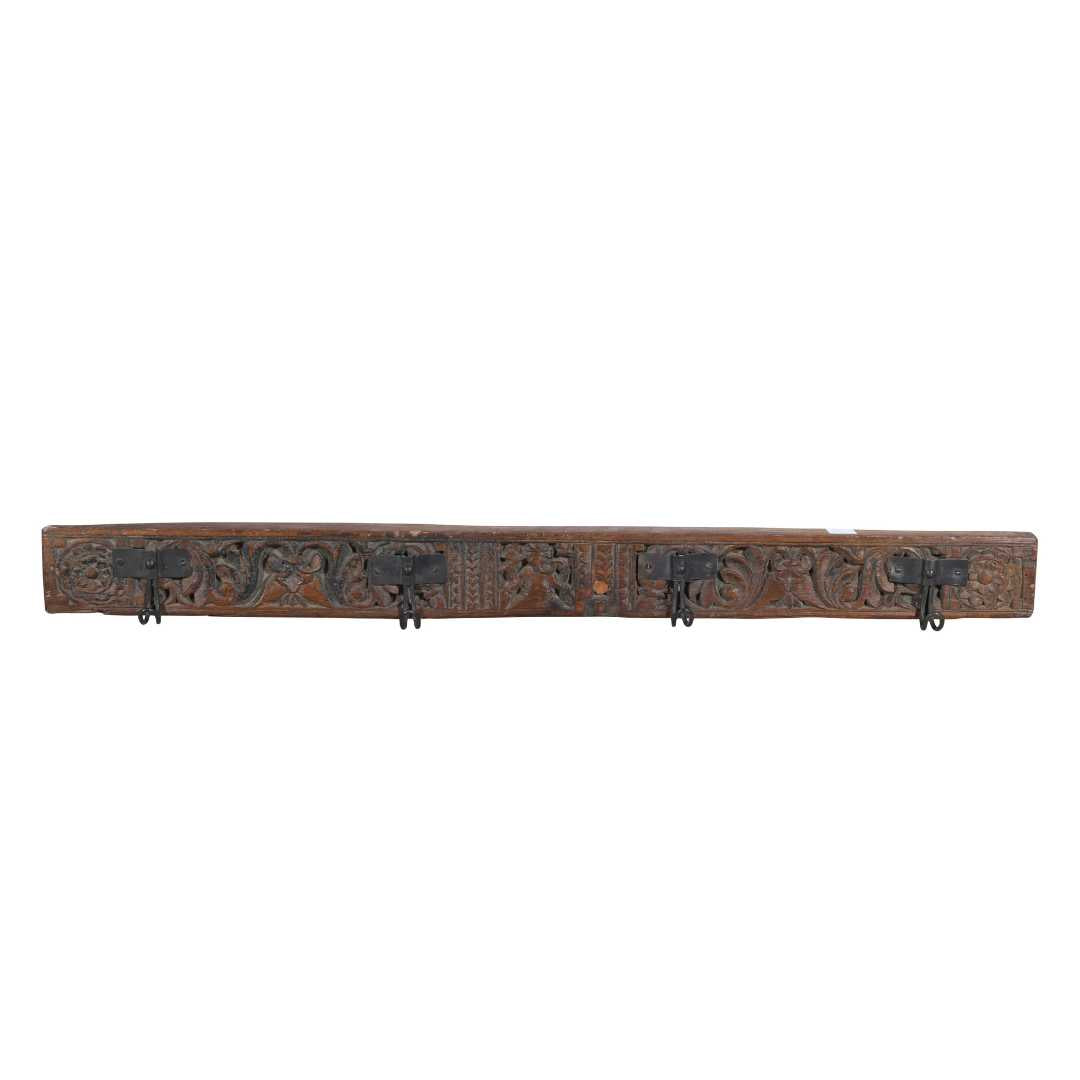 Antique Mahogany Brown Teak Carved Coat Hook Panel with Iron Hooks – Indian Vintage Scrollwork (108cm)