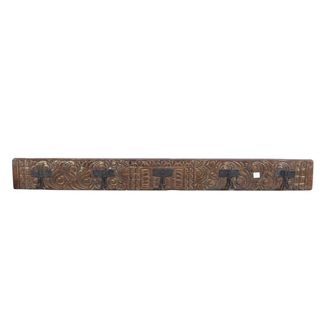 Antique Golden Walnut Teak Carved Coat Hook Panel with Black Iron Hooks – Indian Vintage Scrollwork (127cm)