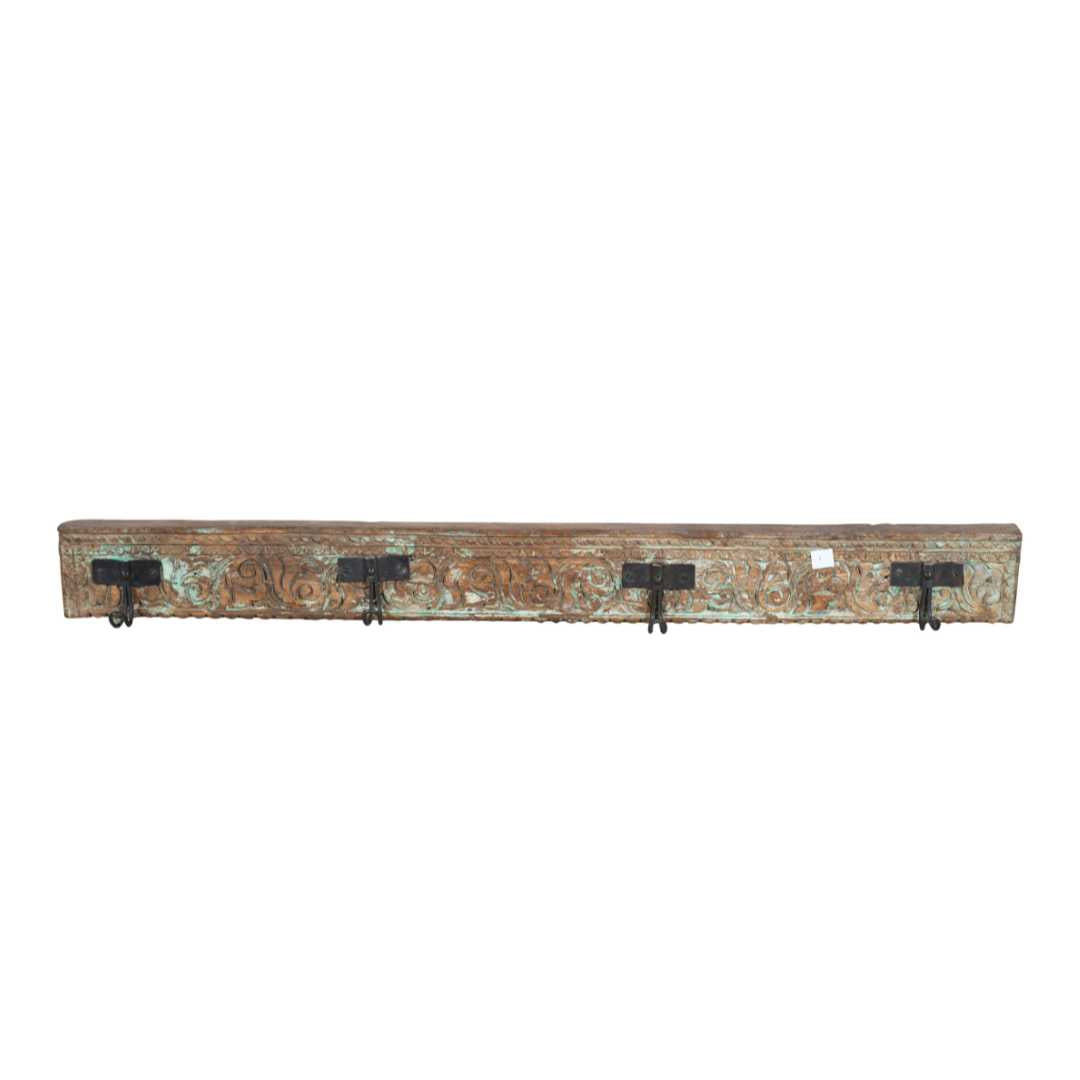 Antique Verdigris Teak Carved Coat Hook Panel with Black Iron Hooks – Indian Vintage Scrollwork (115cm)