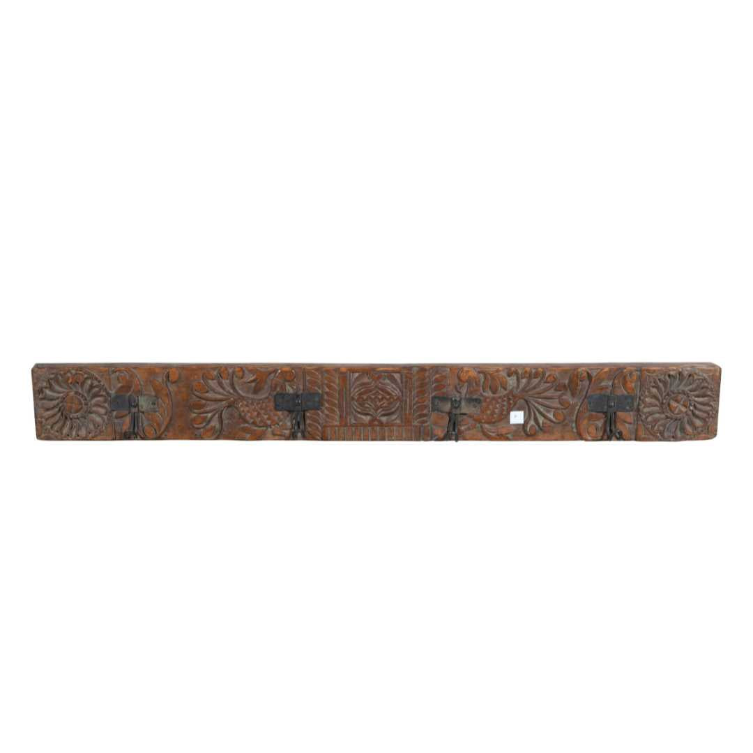 Antique Rustic Coffee Teak Carved Coat Hook Panel with Black Iron Hooks – Indian Vintage Motif (122cm)
