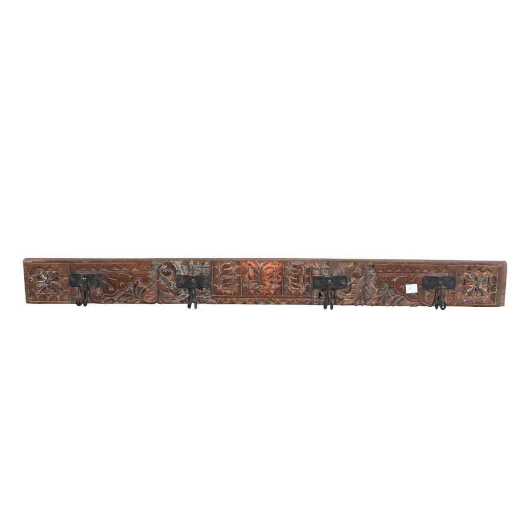 Antique Chestnut Brown Teak Carved Coat Hook Panel with Black Iron Hooks – Indian Vintage Floral (119cm)
