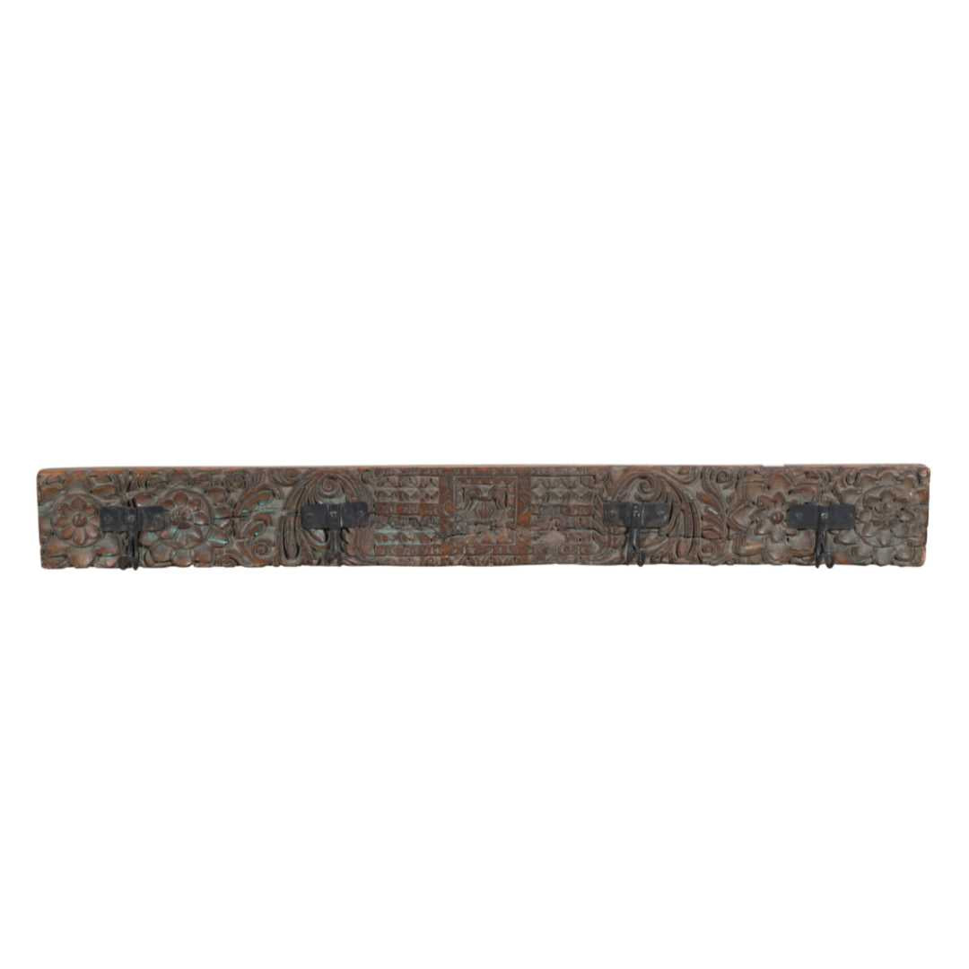 Antique Verdigris & Chestnut Teak Carved Coat Hook Panel with Black Iron Hooks – Indian Vintage Floral (115cm)