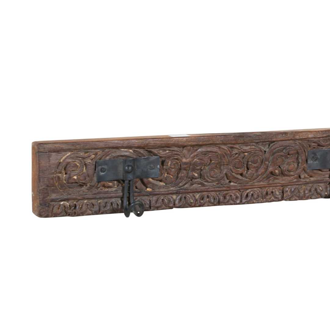 Antique Earth Brown Teak Carved Coat Hook Panel with Black Iron Hooks – Indian Vintage Scrollwork (117cm)