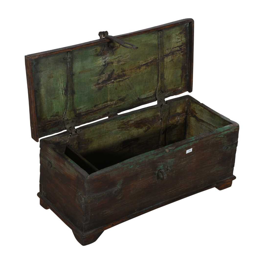 Antique Deep Chestnut & Verdigris Teak Indian Dowry Treasure Chest Coffee Side Table