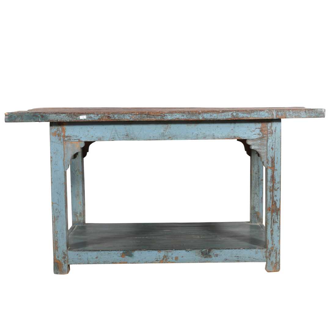 Antique Blue Patina Teak Industrial Kitchen Table Work Bench – Gujarat c1880