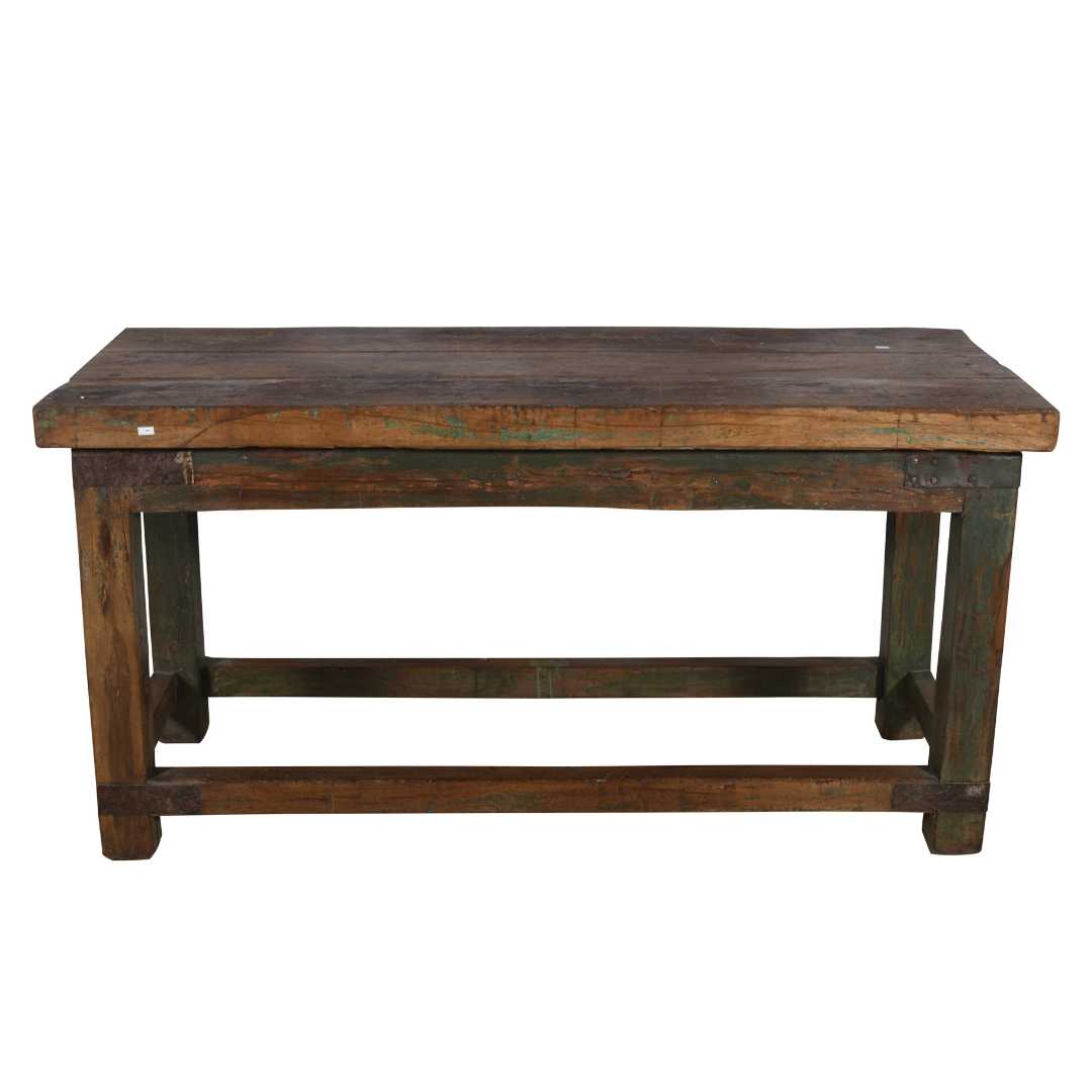 Antique Forest Green & Walnut Teak Industrial Kitchen Table Work Bench – Gujarat c1880