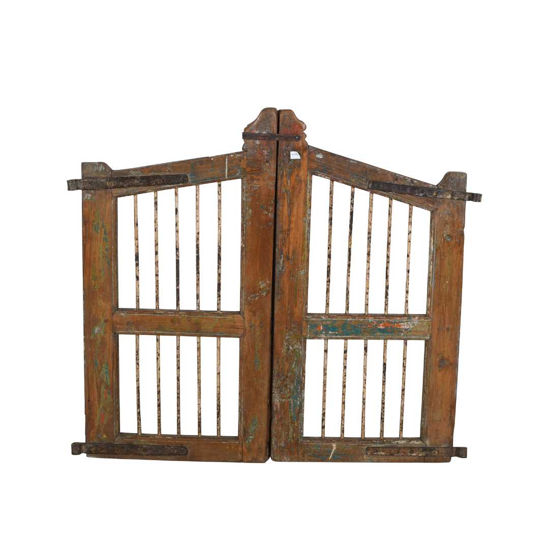 Antique Indian Teak Dog Gates – Rustic Ochre, Verdigris & Terracotta Patina, Gujarat c.1880
