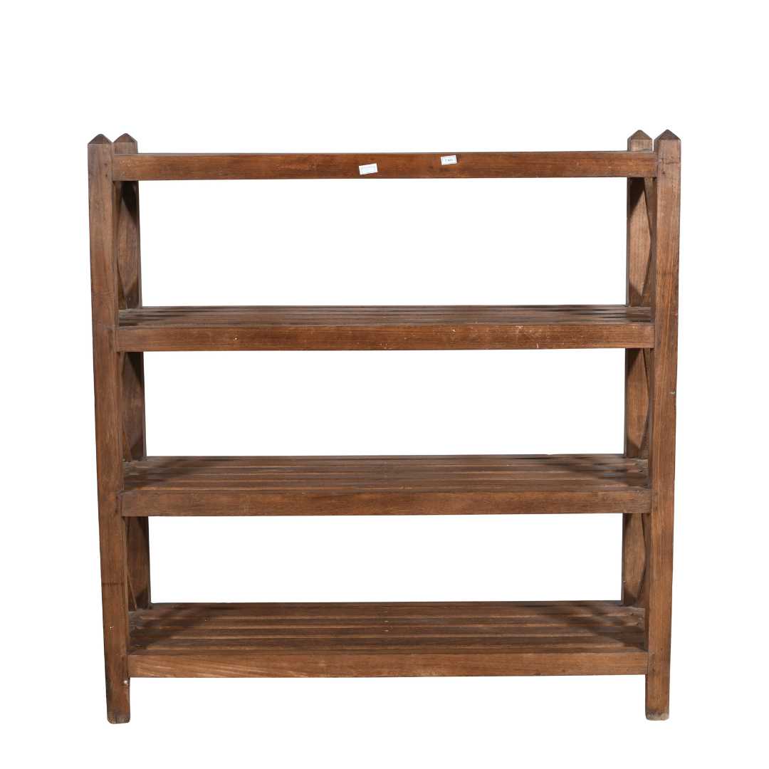 Antique Deep Walnut Teak Wood Industrial Kitchen Storage Pan Rack – Early 1900s