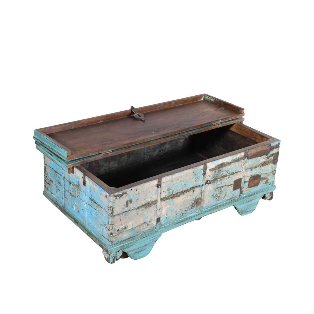 Antique Blue Patina Teak Wood Surti Coffee Table Chest – c1860 Gujarat