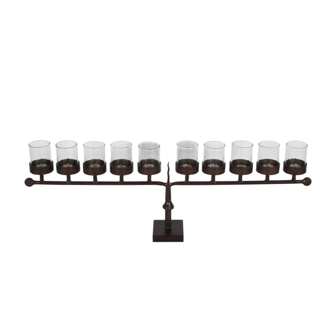 Vintage Indian Iron 10 Arm Tealight Candelabra with Glass Covers