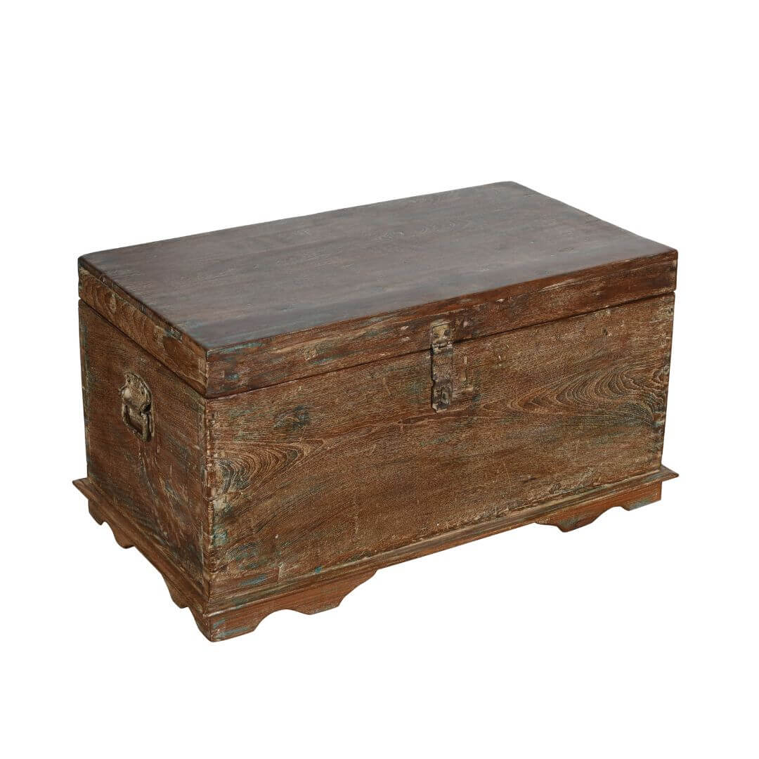 Original Antique Indian Teak Wood Treasure Chest Coffee Table - 1890s