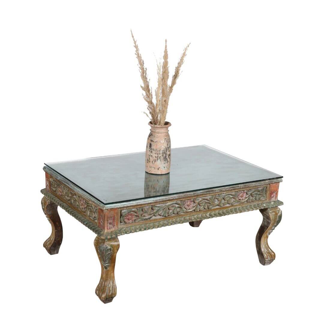 Original Antique Indian Teak Wood Thakat Coffee Table with Glass Top - c1890