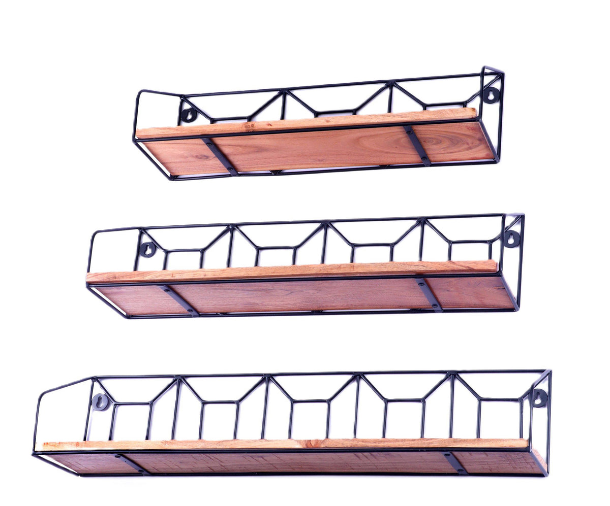 Indian Artisan Made Fairtrade Set Of 3 Acacia Wood And Iron Graduating Wall Shelves