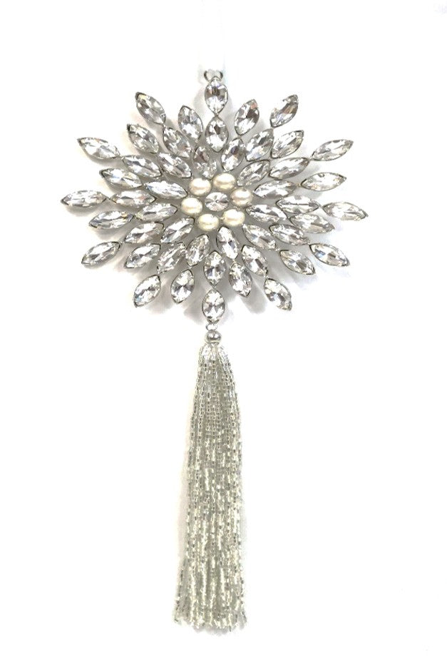 AUSTRIAN GLASS AND PEARL SNOWFLAKE WITH ACRYLIC TASSLE ON WHITE VELVET RIBBON LOOP