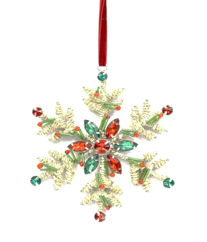 ACRYLIC BEADED JUTE SNOWFLAKE IN TWO COLOURS ON RED VELVET RIBBON