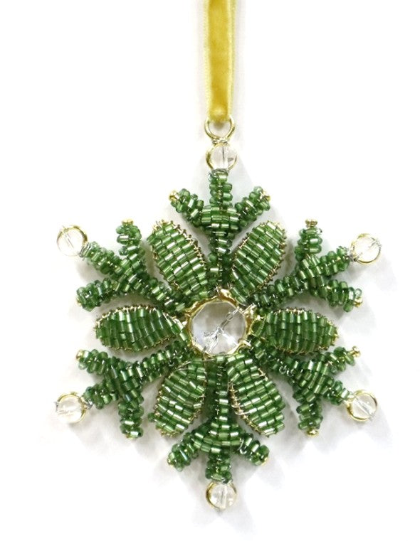 INDIAN GLASS BEADED SNOWFLAKE ON GOLD VELVET RIBBON LOOP