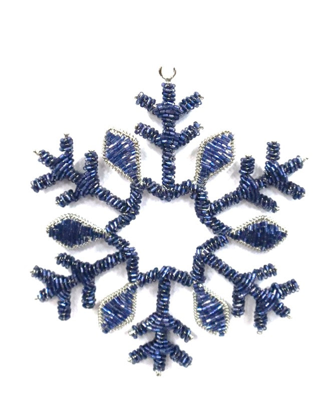 INDIAN BEADED ACRYLIC HANGING SNOWFLAKE ON WHITE VELVET RIBBON LOOP