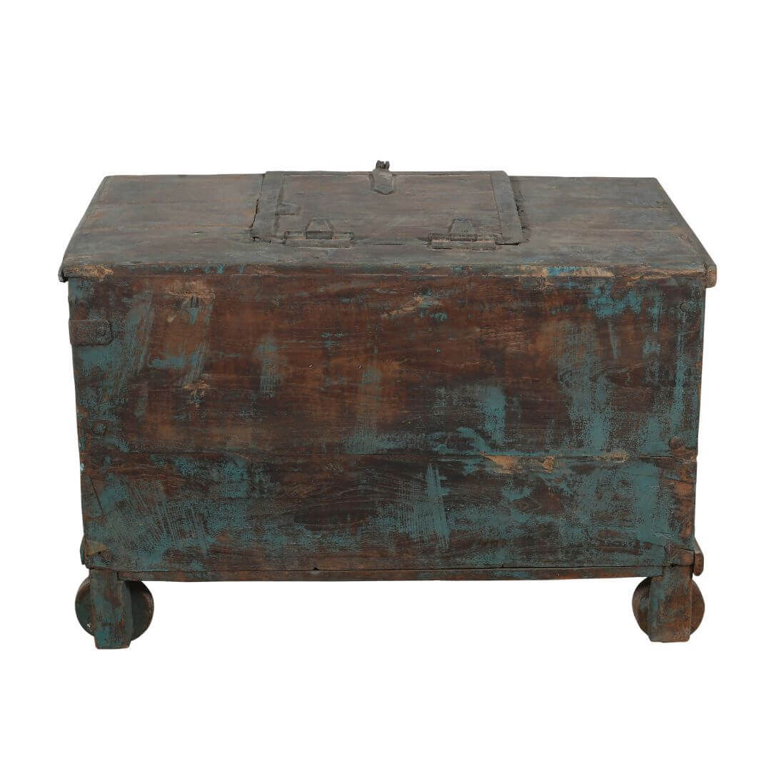 Antique Indian Teak Wood Quarter Surti Coffee Table Chest - 19th Century Blue