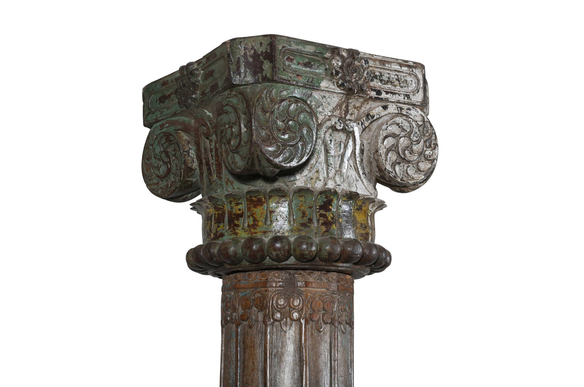 Antique Indian Teak Wood And Stone Set of 4 Pillars