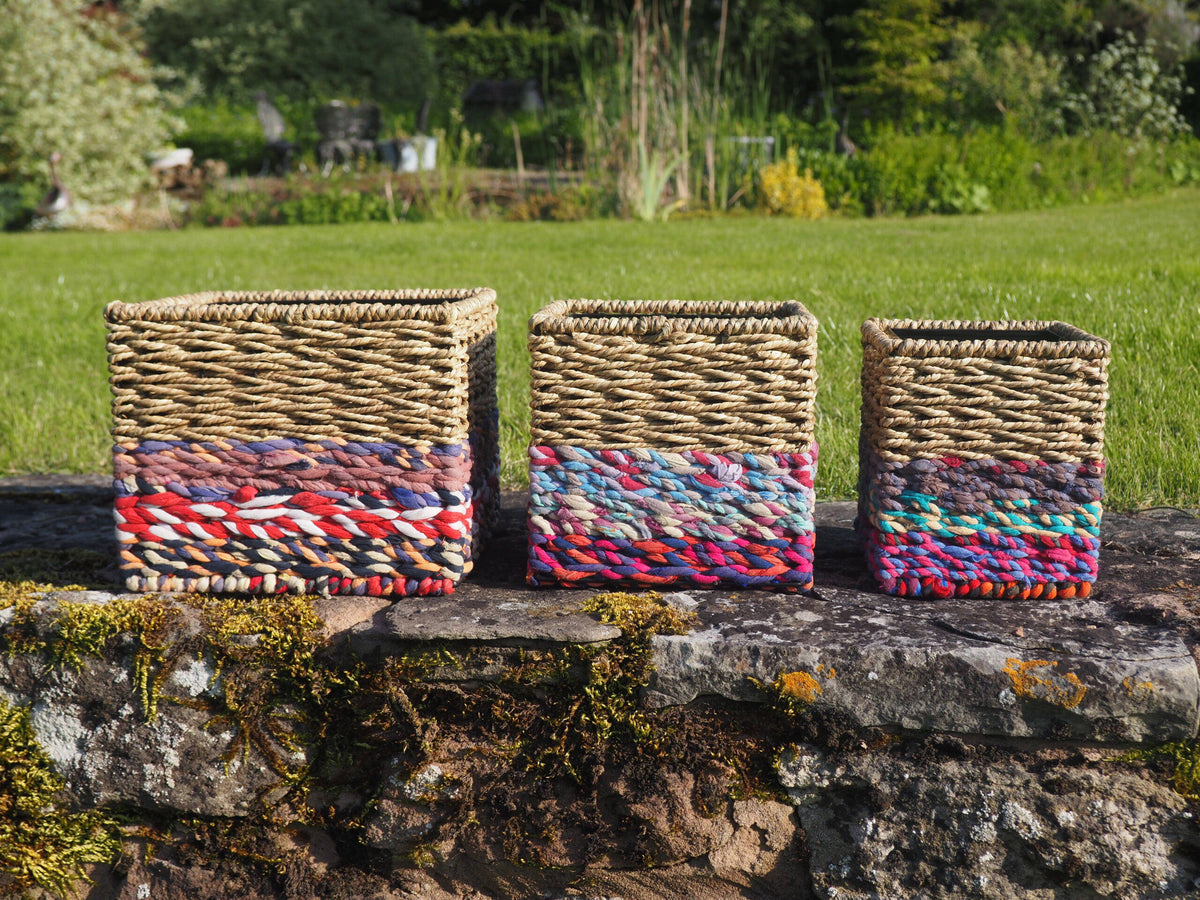 Munja And Reclaimed Sari Fabric Planter Set Of 3