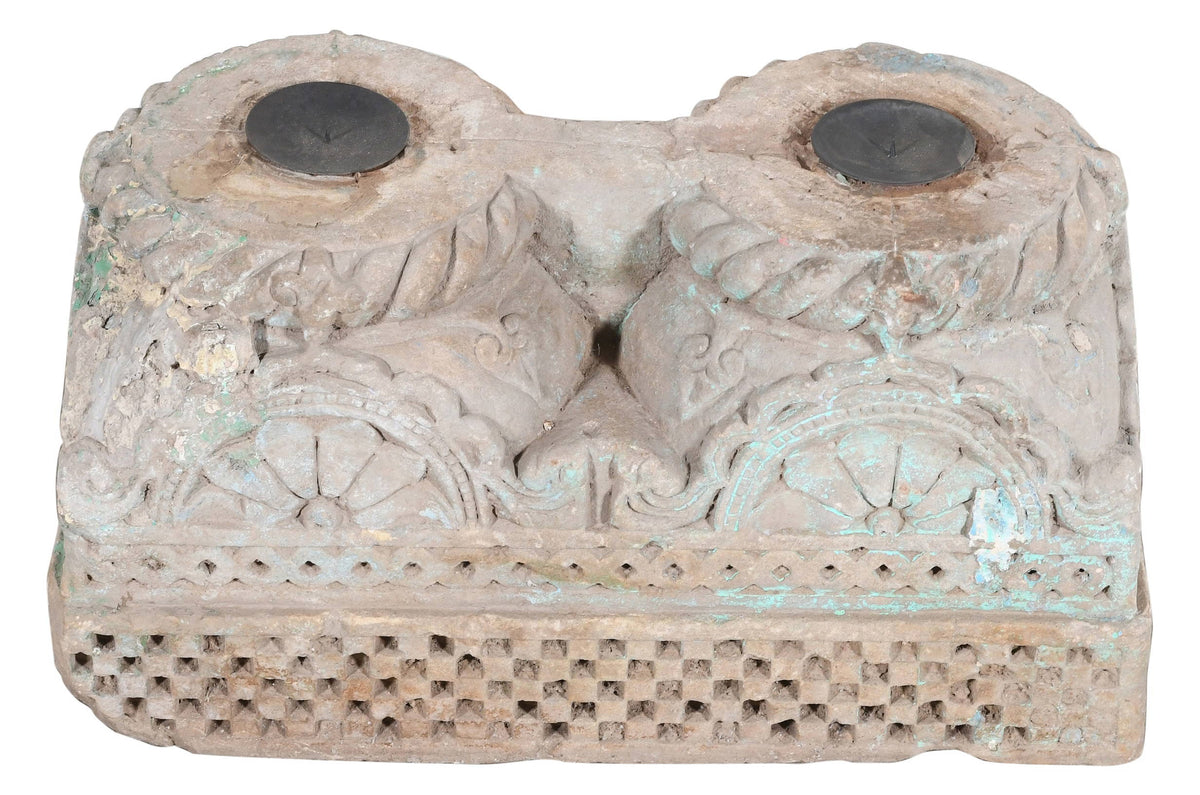 Antique Indian Hand Carved Stone Pillar Base Candle Holder