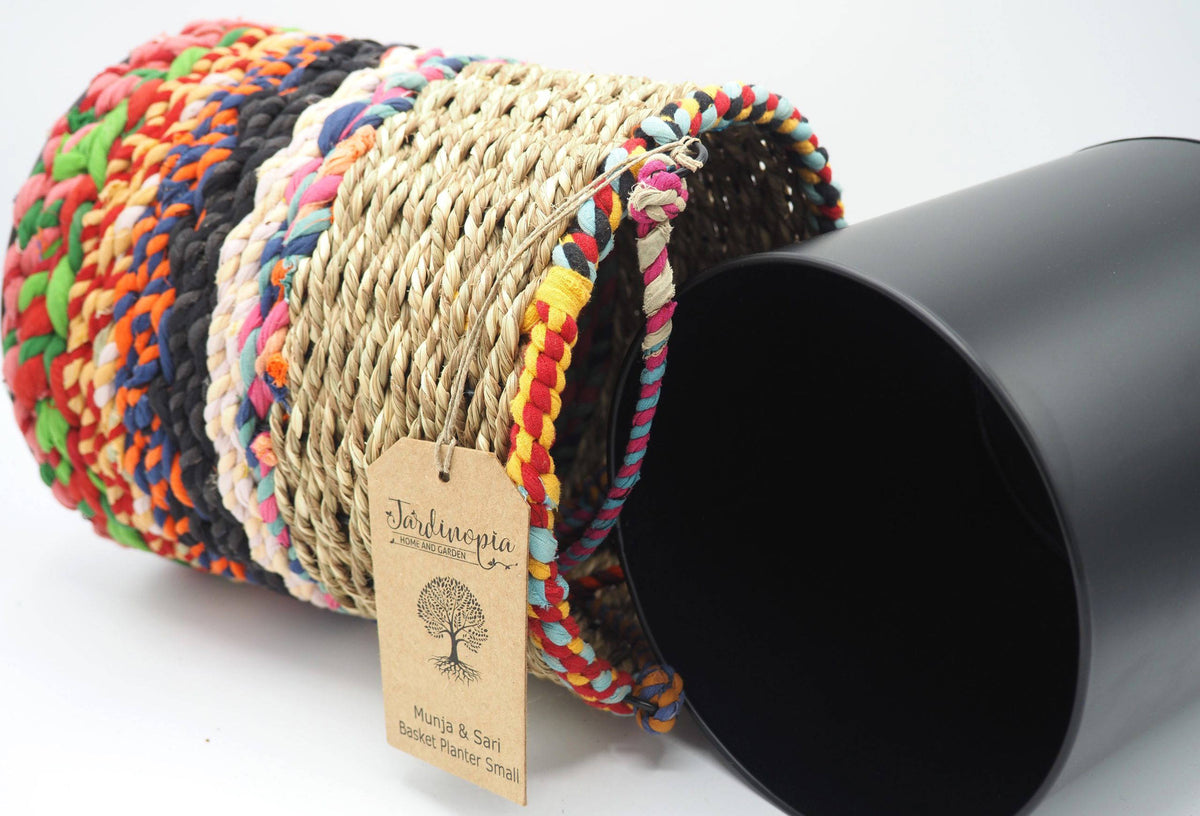 Munja and Reclaimed Fabric Eco Hanging Planter with Removable Metal Liner - Medium / Tall
