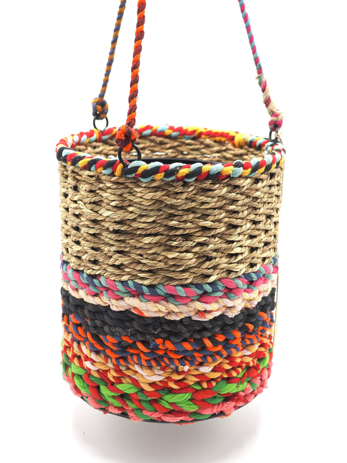 Munja and Reclaimed Fabric Eco Hanging Planter with Removable Metal Liner - Large