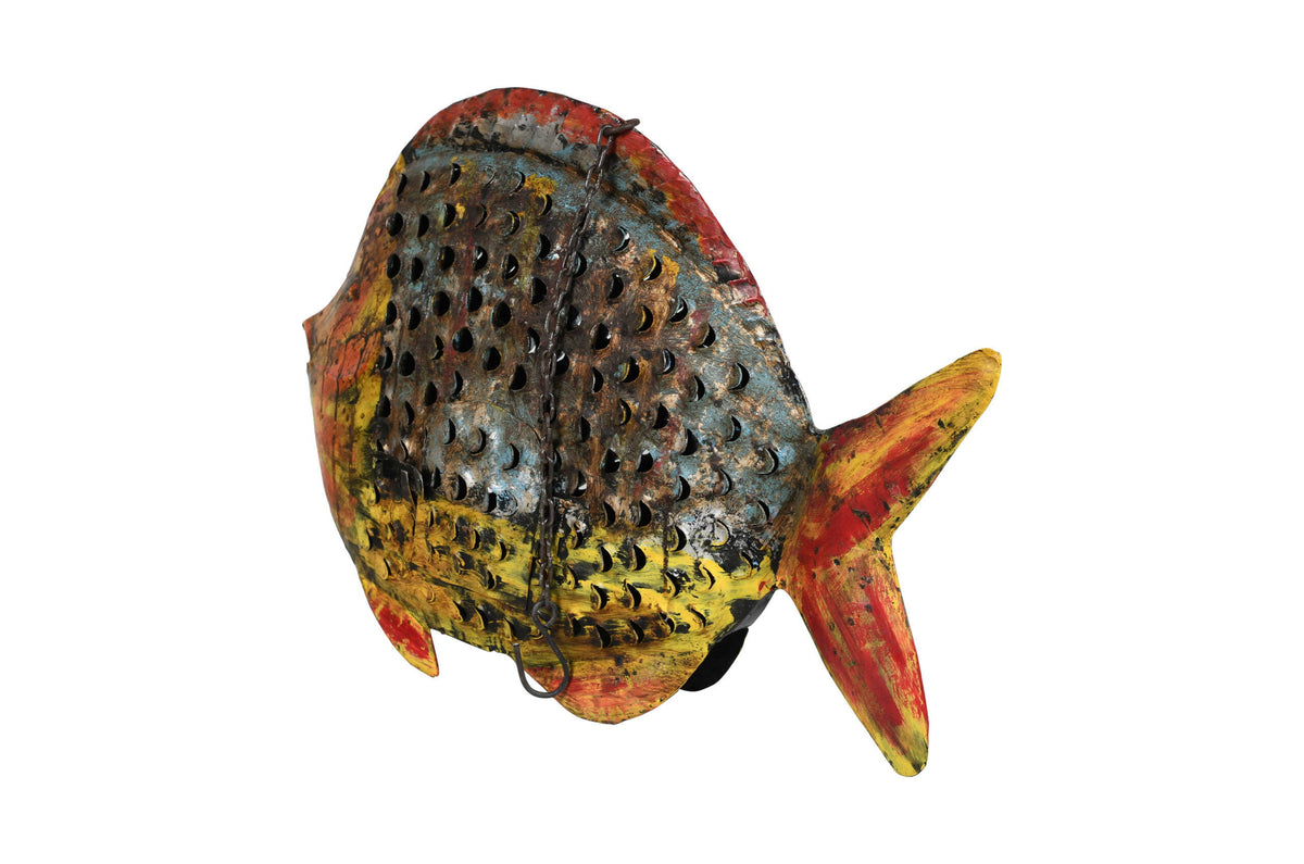 Iridescent Scale Fish Lantern - Recycled Iron Hanging Garden Decoration