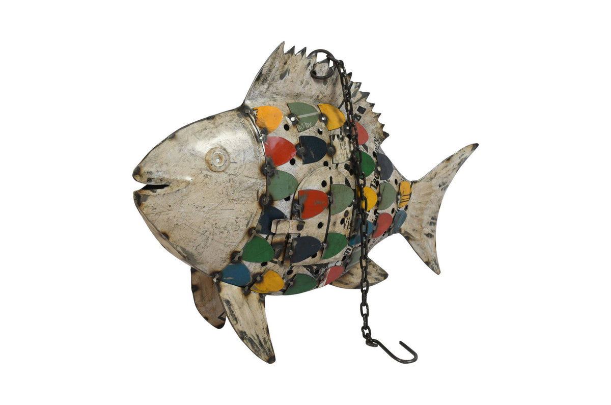 Recycled Iron Fish Hanging Tealight Lantern - Artisan-Made Garden Decoration