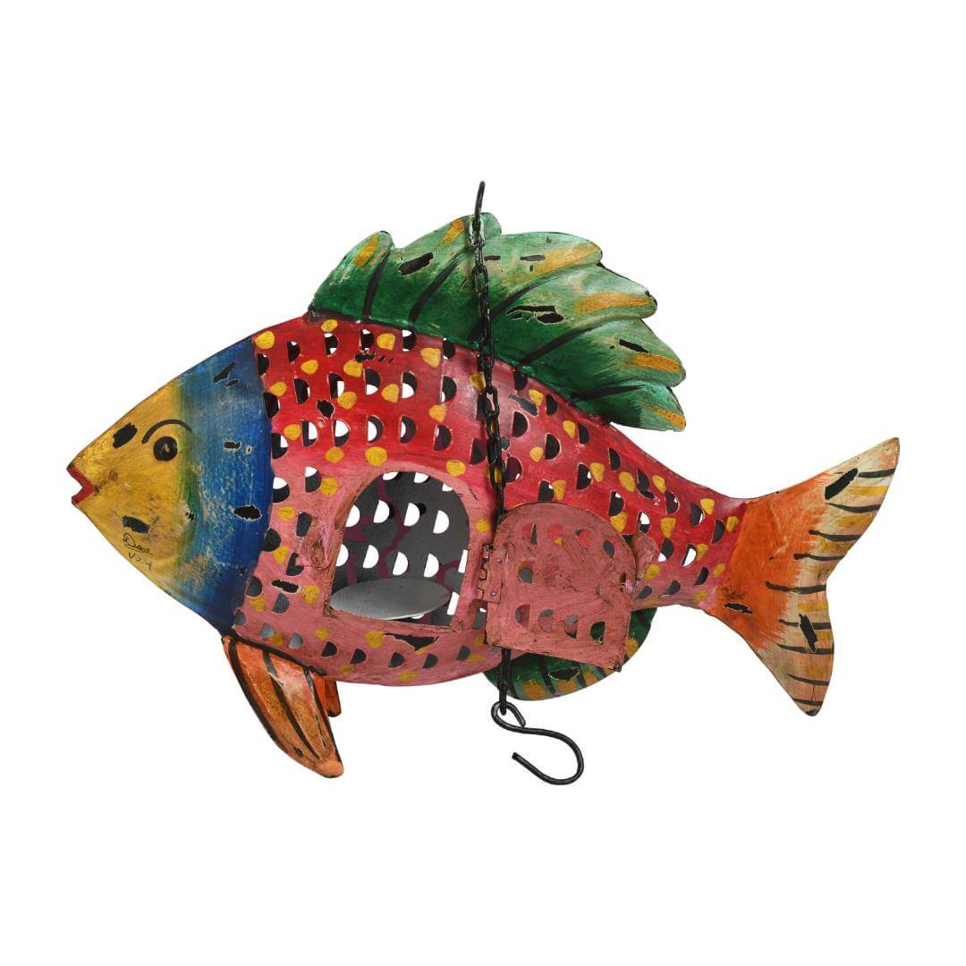 Ruby Mosaic Fish Tea Light Holder - Recycled Iron Hanging Garden Lantern