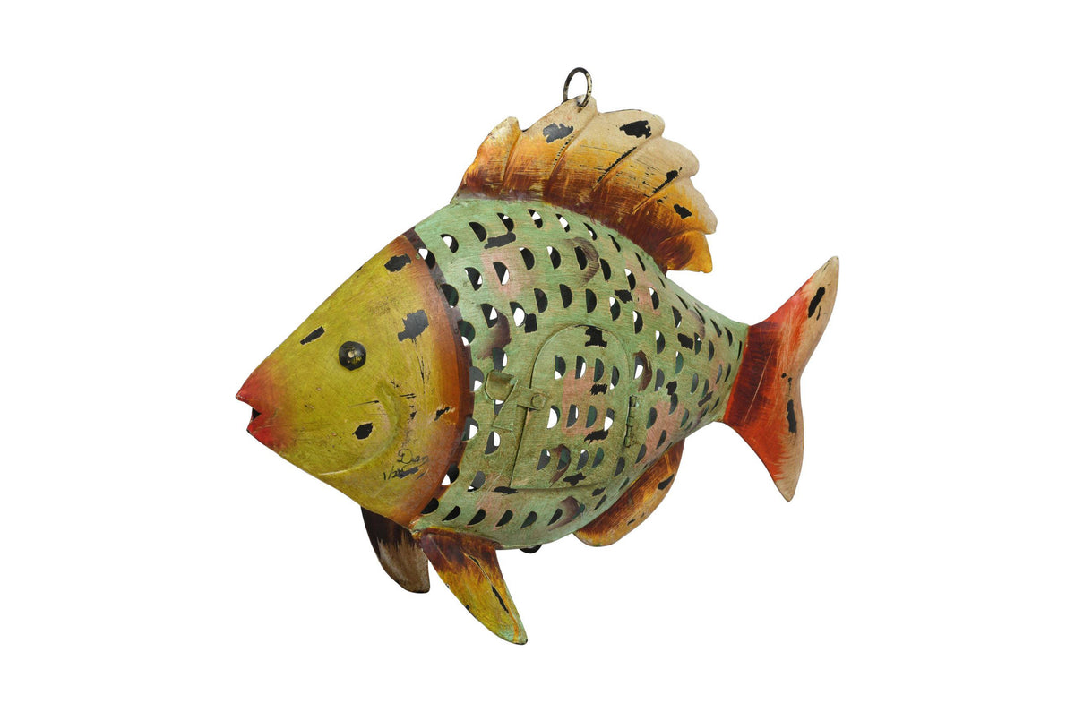 Verdigris Patina Fish Tea Light Holder - Recycled Iron Hanging Garden Lantern
