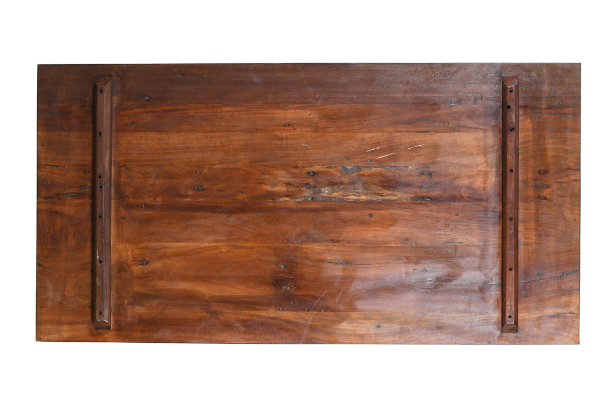 Reclaimed Indian Painted Teak Wood Trestle Table And Top, Supported By A Solid Blacksmith Made Heavyweight Trestle Pair