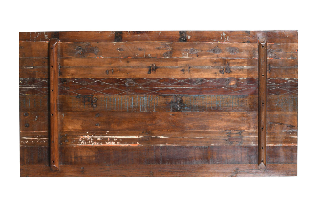 Reclaimed Indian Painted Teak Wood Trestle Table And Top, Supported By A Solid Blacksmith Made Heavyweight Trestle Pair